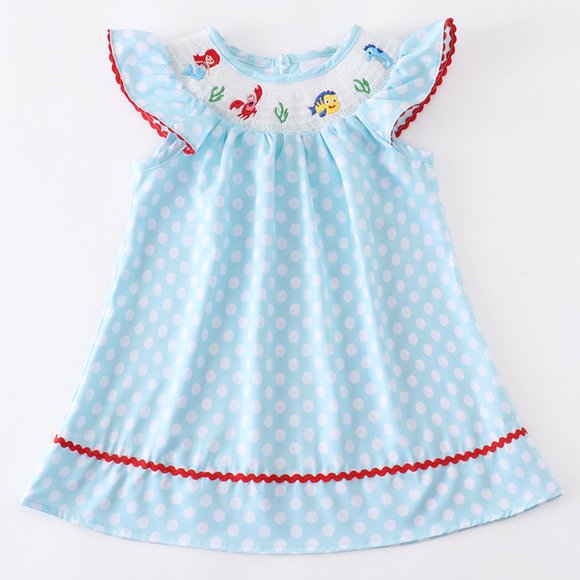 Little Mermaid Smocked Blue Polka Dot Dress Size 2T - Picture 1 of 6